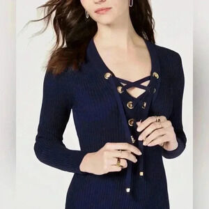 Michael Kors Womens Ribbed Lace-Up Sweater Dress XX-Small Navy